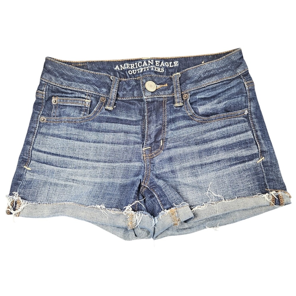 American Eagle‎ Jean Shorts Size 2 Blue Dark Wash Denim Low Rise Cuffed Festival